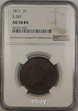 1811 Classic Head Large Cent 1c Coin S-287 NGC AU-58 BN Brown VERY SCARCE
