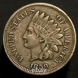1859 Indian Head Cent Penny, First Year Date Issue without Shield On Reverse