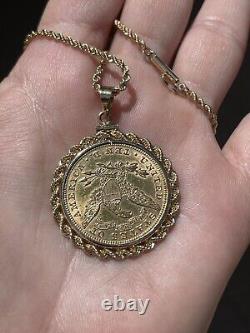 1901 10$ Dollar Gold Liberty Head Coin Necklace, with 14K Rope Bezel & Chain