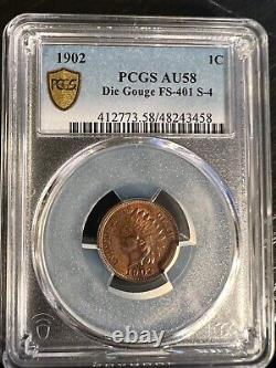 1902 Indian Head Cent, Snow-4. PCGS AU58. Tough in high grade! Major Die Gouge