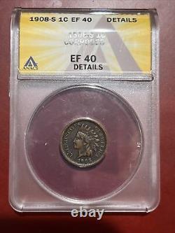 1908-S Indian Head Cent Certified ANACS EF40 Details Key Date