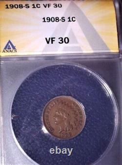 1908-S Indian Head Penny, ANACS VF30, Semi Key Date, Issue Free
