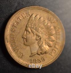 1859 Centime de tête indienne Pièce de monnaie originale AU K5551