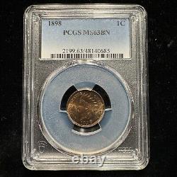 1898 US Indian Head Cent 1c PCGS MS 63 BN UNC Gem+ Belle patine agréable