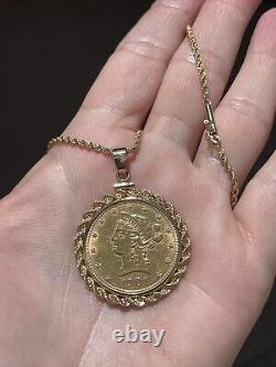 Collier avec pièce de monnaie en or de 10 dollars Liberty Head de 1901, avec une lunette et une chaîne en or 14 carats