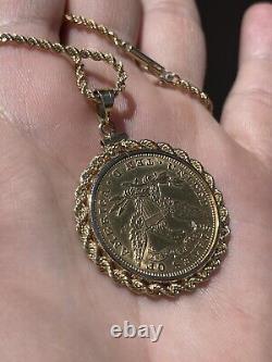 Collier avec pièce de monnaie en or de 10 dollars Liberty Head de 1901, avec une lunette et une chaîne en or 14 carats