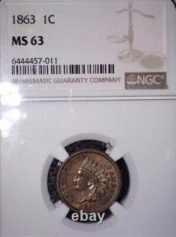 Penny tête d'indien de 1863, NGC MS63, Magnifique et sans problème de qualité