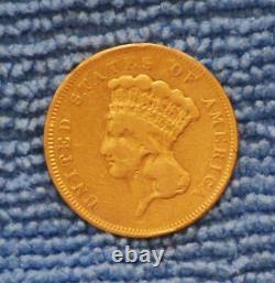 Pièce d'or américaine de 3 dollars, tête de princesse indienne de 1857, 5+ grammes, rare, 3,00 dollars, 3 dollars.