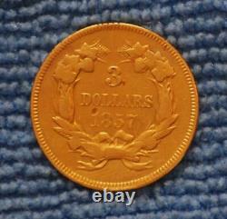 Pièce d'or américaine de 3 dollars, tête de princesse indienne de 1857, 5+ grammes, rare, 3,00 dollars, 3 dollars.