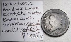 Pièce de un cent américain de grande taille Classic Head de 1814, couleur chocolat brun AL986