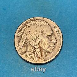 Superbe pièce de monnaie ancienne Buffalo/Indian Head Nickel de 1924-S en bon état.