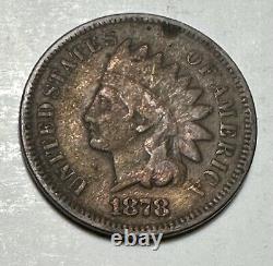 Superbe tonalité 1878 1C Indian Head Cent/Penny VF+ Pièce de monnaie américaine circulée #0178